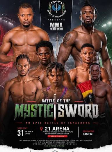 Promotional MMA poster for 'Battle of the Mystic Sword' featuring eight shirtless fighters; event details show date Oct 31, 2026, at 21 Arena, 6:00 PM, presented by Akalaka.