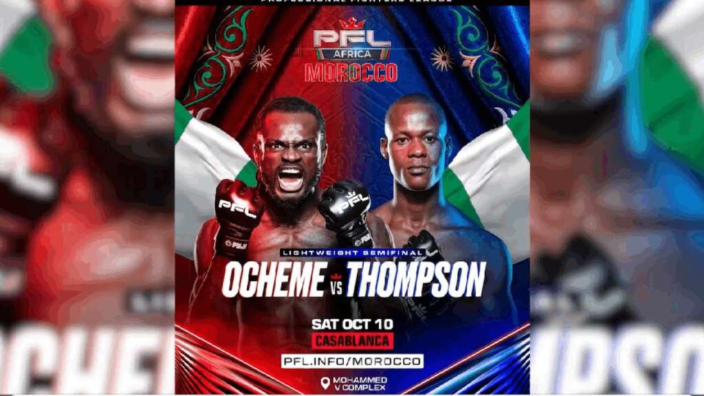 Promo poster for PFL Africa Morocco featuring Ocheme vs Thompson in a lightweight semifinal, with red and blue color design and flags in the background.