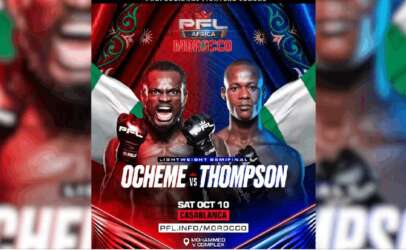 Promo poster for PFL Africa Morocco featuring Ocheme vs Thompson in a lightweight semifinal, with red and blue color design and flags in the background.