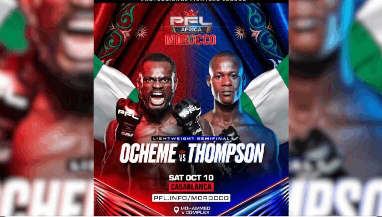 Promo poster for PFL Africa Morocco featuring Ocheme vs Thompson in a lightweight semifinal, with red and blue color design and flags in the background.