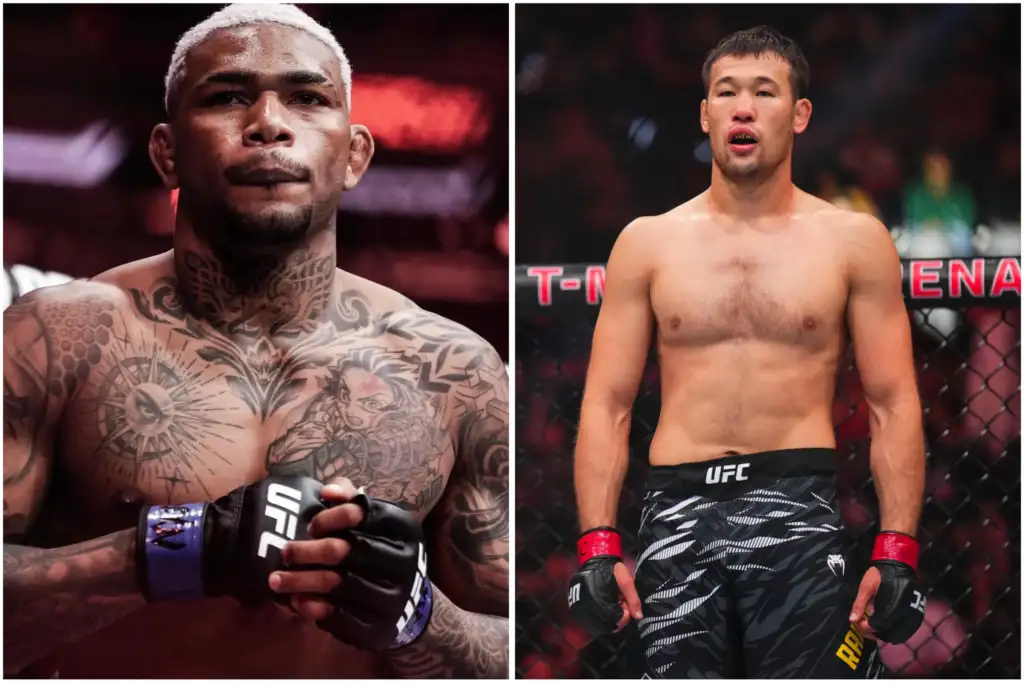 Split-image of two UFC fighters: left is a tattooed man with bleached blond hair and gloved hands; right is a muscular man with short dark hair in camo shorts inside the cage.