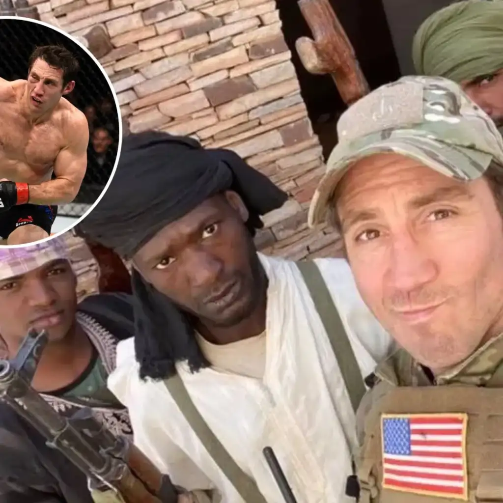 Selfie of a soldier in camouflage with a US flag patch posing with two men in a dusty outdoor setting; inset shows a muscular MMA fighter in a cage.