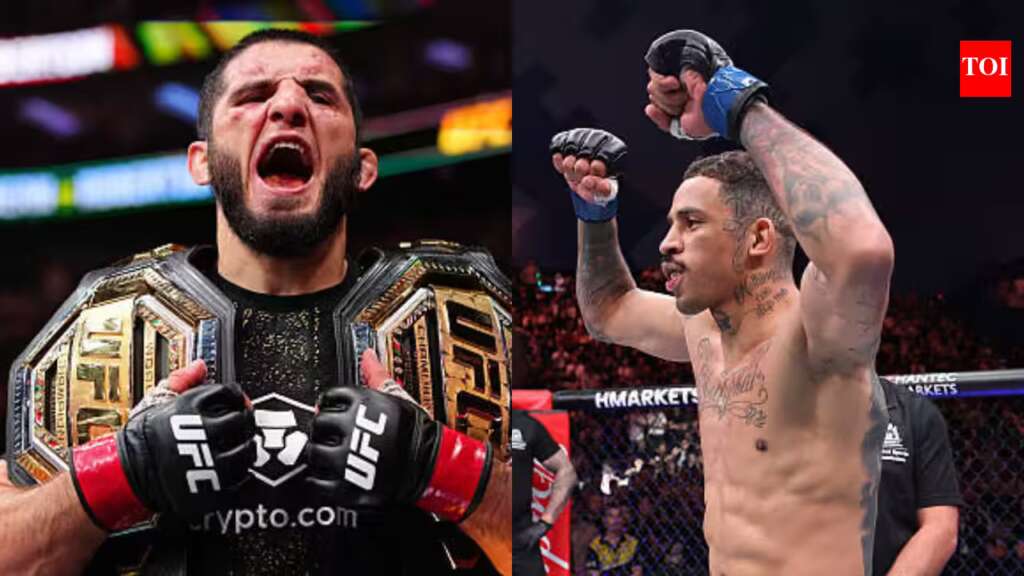 photo - AfroCombat Split-image of two UFC fighters celebrating: left, bearded champion wearing a gold belt and shouting; right, fighter with raised arms in the octagon.