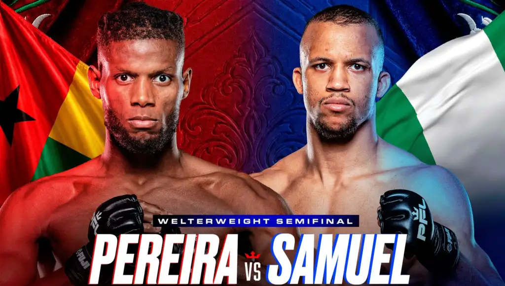 Promotional poster of two muscular boxers facing the camera with red and blue backgrounds and flags, announcing Welterweight Semifinal: Perera vs. Samuel.