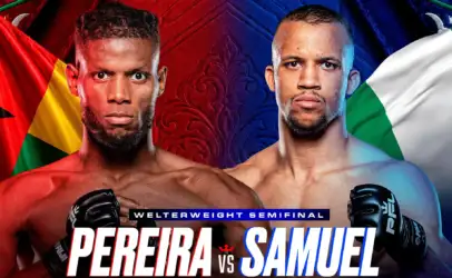 Promotional poster of two muscular boxers facing the camera with red and blue backgrounds and flags, announcing Welterweight Semifinal: Perera vs. Samuel.