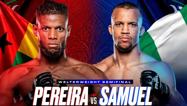 Promotional poster of two muscular boxers facing the camera with red and blue backgrounds and flags, announcing Welterweight Semifinal: Perera vs. Samuel.
