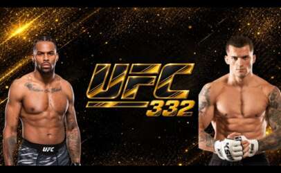 UFC 332 banner featuring two muscular fighters flanking a gold UFC 332 logo on a glittering black‑and‑gold background.
