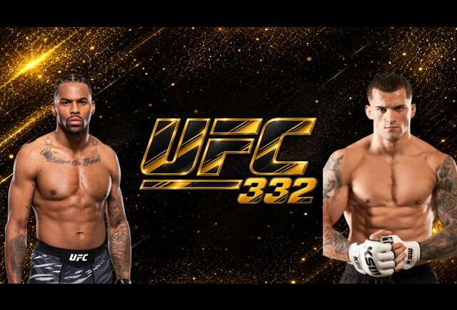 UFC 332 banner featuring two muscular fighters flanking a gold UFC 332 logo on a glittering black‑and‑gold background.