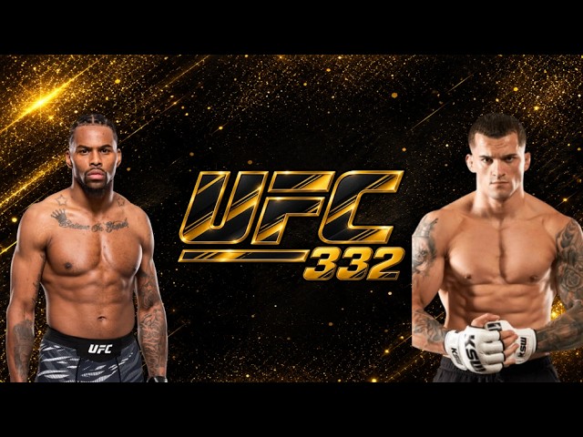 UFC 332 banner featuring two muscular fighters flanking a gold UFC 332 logo on a glittering black‑and‑gold background.